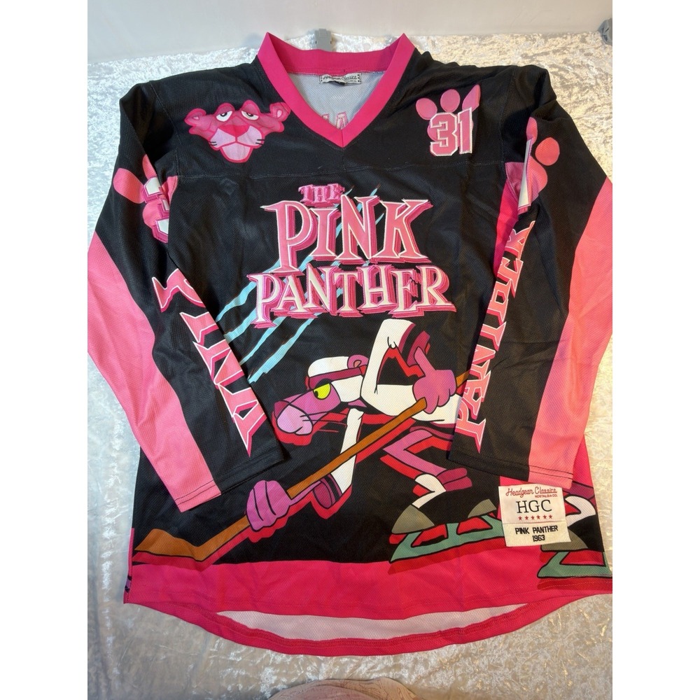 Pink Panther Hockey Jersey Men's L Headgear Classics 31 Cartoon Graphic Black